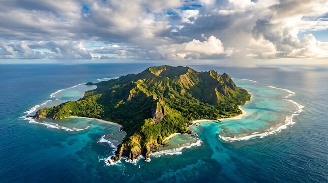 Aerial view of a lush green tropical island surrounded by turquoise coral reef and ocean with tropical turquoise paradise landscape vacation destination polynesia secluded