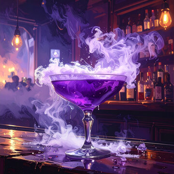 Purple cocktail with smoke and ice cubes on bar top