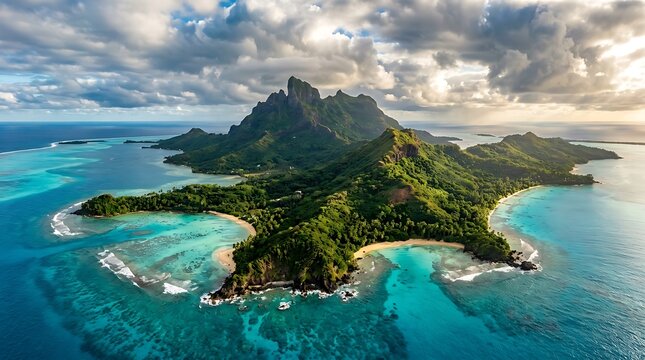 Aerial drone view of a volcanic tropical island with turquoise lagoon and dense jungle tropical volcanic turquoise landscape paradise vacation destination polynesia