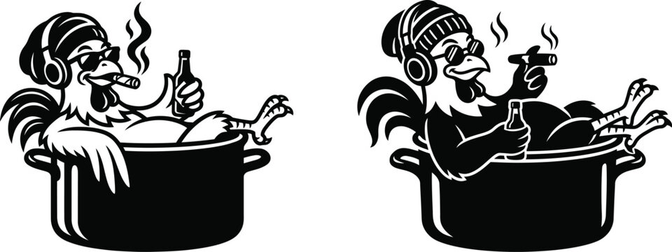 Skeleton relaxing in bathtub smoking and drinking wine illustration