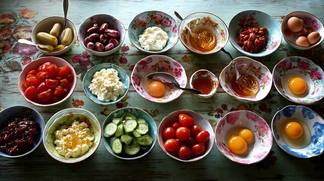 Traditional Mediterranean breakfast spread with various bowls on a rustic wooden table