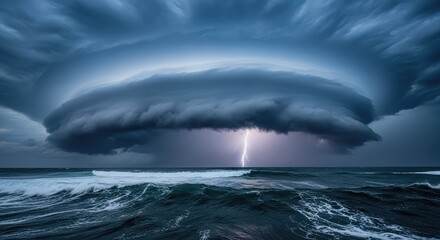 Naklejka premium Intense storm clouds gather over a dark, churning ocean as lightning strikes the far horizon during a powerful and dramatic maritime event, thunder, blue, danger