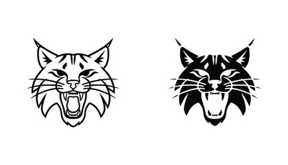 Fototapeta premium Angry lynx head mascot emblem set featuring fierce feline facial features in outline and solid black vector styles for sports team logos and gaming branding