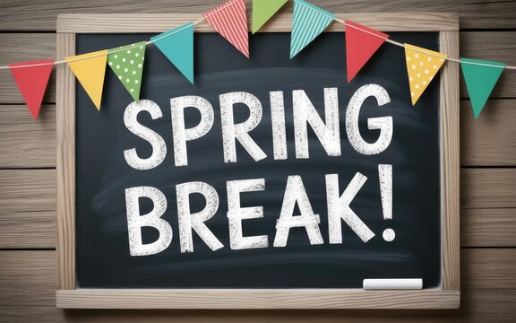 Chalkboard sign with "spring break!" text and bunting
