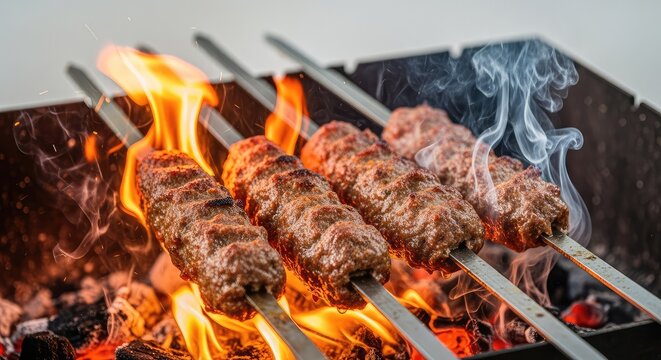 Juicy spiced minced meat skewers roasting over hot glowing coals on a metal grill during an outdoor picnic with smoke and vibrant flames, grill, ember, metal