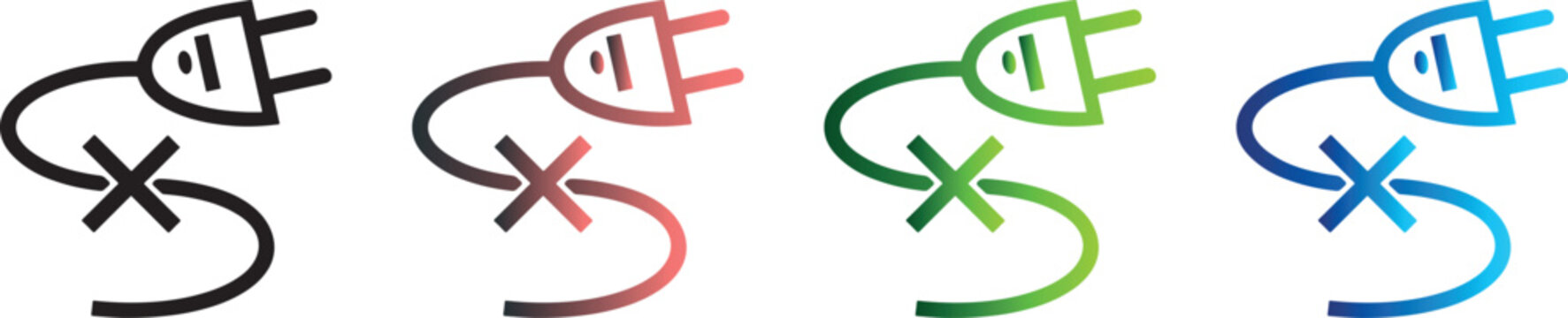 Set of outline electric plug icons with cross symbol representing power disconnection, electrical error, and unplugged status in various gradient colors.