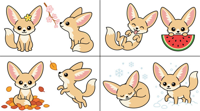 Fennec fox collection showcasing seasonal themes including spring blossoms, summer fruit, autumn leaves, and winter snow.