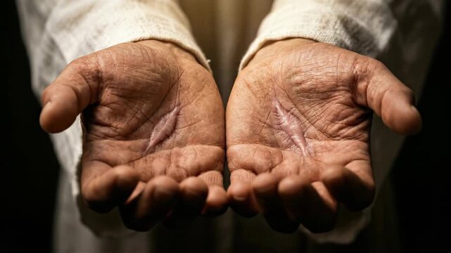 Jesus Christ holding out cupped hands revealing stigmata marks. Symbolic religious imagery of sacrifice and salvation. Concept of faith and divine forgiveness.