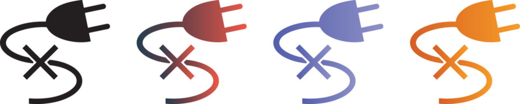 Set of colorful electric plug icons with cross symbol representing power disconnection, electrical error, and unplugged status.
