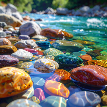 Colorful stones in clear water