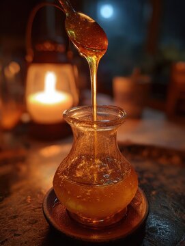 Ethiopian Tej Pour in Candlelit Ambiance Using Traditional Jebena and Honey Wax Filter