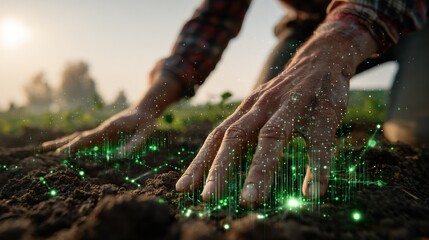 Farmer hands nurturing fertile soil with digital sustainable data stream in green morning landscape