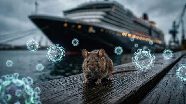 Brown rat on wet dock beside large cruise ship with floating virus particles in stormy harbor, hantavirus outbreak from maritime travel concept
