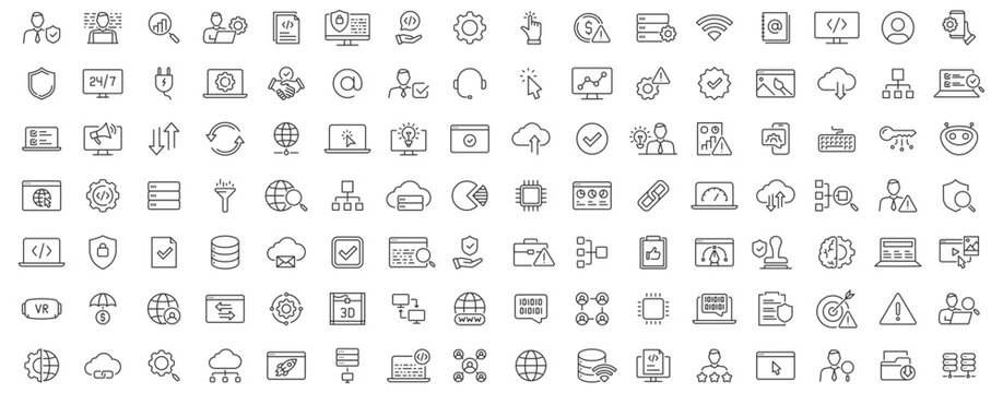 Comprehensive web development and it support services thin line icons.