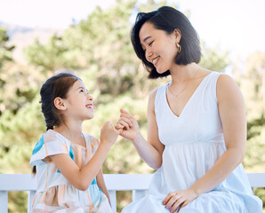 Fototapeta premium Pinky promise, mother or girl outdoor with smile, healthy relationship or trust in childcare. Happy, support or family with loyalty symbol, commitment or emotional connection in child development.
