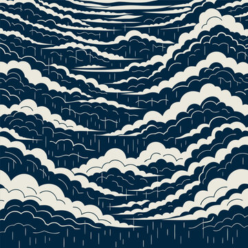 Stylized rainy cloud illustration, layered blue and white clouds with falling rain lines,