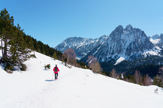 Grupo de chicos haciendo raquetas de nieve en el Parque Nacional de Aig&uuml;estortes y Estany de Sant Maurici, en los Pirineos espa&ntilde;oles. Disfrutan de una ruta de senderismo invernal entre bosques