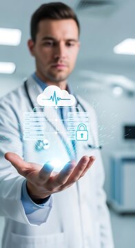 M&eacute;dico com nuvem de dados m&eacute;dicos e seguran&ccedil;a 