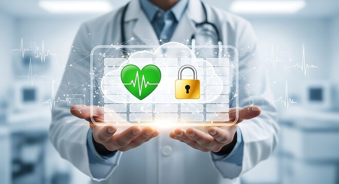 M&eacute;dico apresentando cora&ccedil;&atilde;o saud&aacute;vel e seguran&ccedil;a de dados 