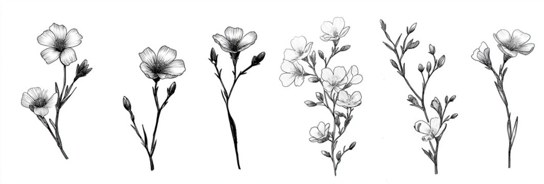 Three distinct black and white line art illustrations of flax flowers and buds on a white background