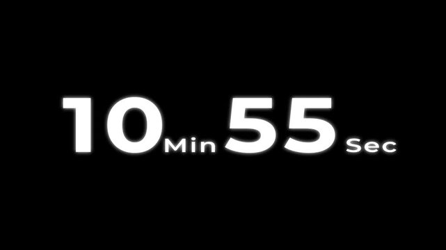 11 minute countdown timer animation on black background,Digital countdown timer transparent background. 11 minute countdown timer animation from 11 to 10 minutes.