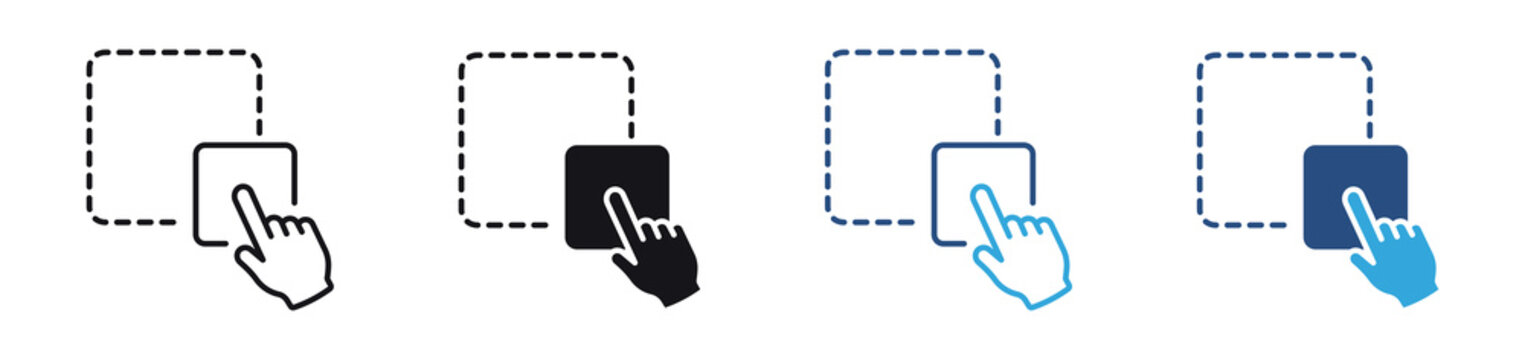 Drag and Drop icon set. dashed square with touch hand icons. file placement and touchscreen interaction concept. vector illustration.