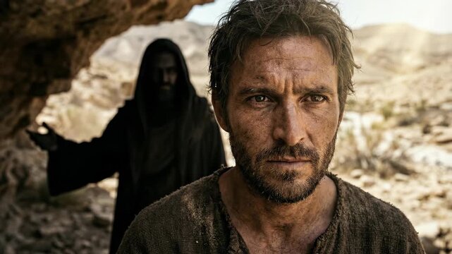 Man stands in front of a shadowed figure in a rocky cave. Depiction of a biblical scene where a man encounters a mysterious guide during a desert journey.