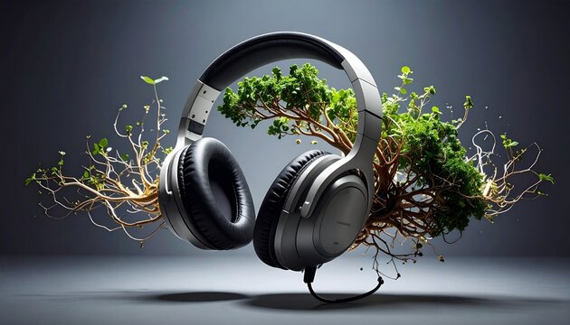 Immersive soundscapes where nature meets technology, creating a harmonious auditory experience with high-fidelity headphones integrated with lush greenery