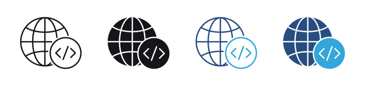 Web Development icon set. globe with coding symbols icons. internet programming and software development concept. vector illustration.

