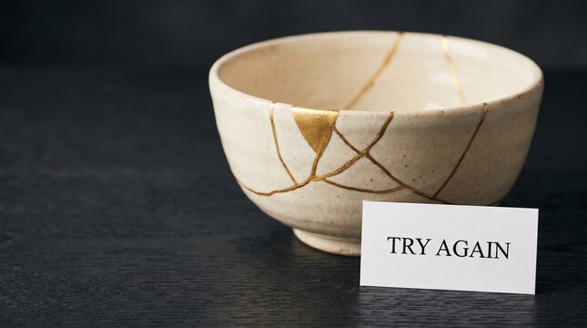 Broken ceramic bowl repaired with gold kintsugi next to a try again card on a dark wood table, concept of resilience, healing and second chances
