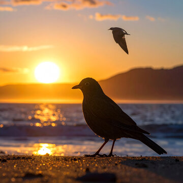 Siluet burung saat matahari terbit di atas ombak laut dan pantai.