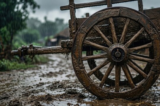 Rain Covered Bullock Cart Wheel &ndash; Nostalgic Monsoon Rural India Agriculture Banner