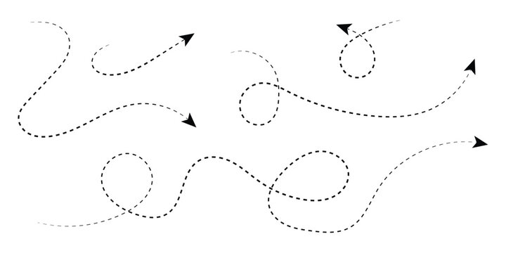 Set of abstract dotted arrow lines and curved winding paths, vector infographic design elements