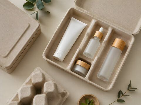 Eco friendly skincare products in molded pulp packaging flat lay