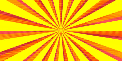 Obraz premium Pop art red yellow comics book cartoon magazine cover. Cartoon funny retro pattern strip mock up. halftone illustration. Vintage backdrop for comic superhero text, speech bubble, message.