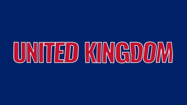 Bold UNITED KINGDOM text animated in red on a blue background with smooth and clean motion, ideal for travel, geography, and country themed