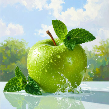 Fresh green apple with mint leaves and water splashes