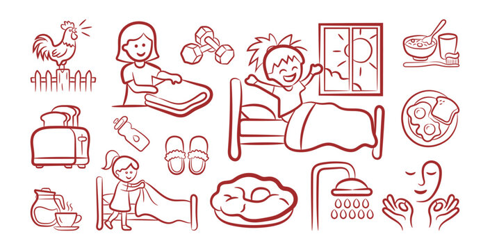Unique Hand Drawing line art Morning routine icon and self care vector illustration collection, Vector art of making a bed, crowing rooster, backpack, breakfast, water bottle, and dumbbells and more  