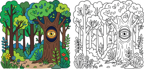 Mysterious Cartoon Forest with a Glowing Eye in an Enchanted Tree Trunk © Snehashish Pritom