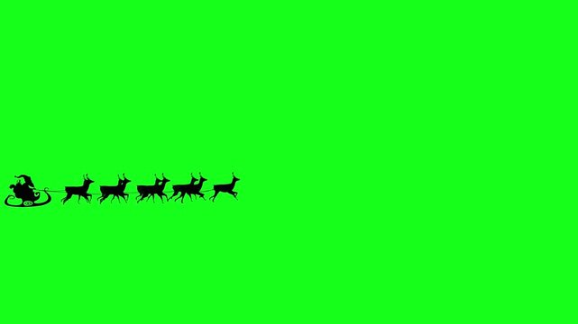 Santa Claus Sleigh Pulled by Reindeer Silhouette Flying on Green Screen Chroma Key