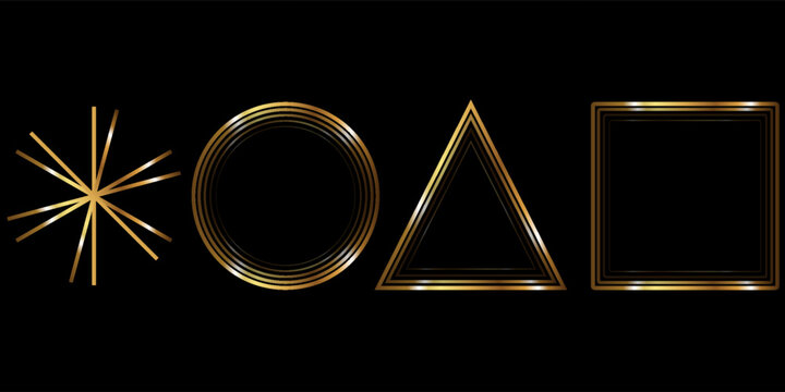 Thin golden frame set. Gold geometric border collection in art deco style. Thin linear shining rectangular shape bundle. Brass glowing shiny boarder element pack for photo, cadre, poster, card. Vector
