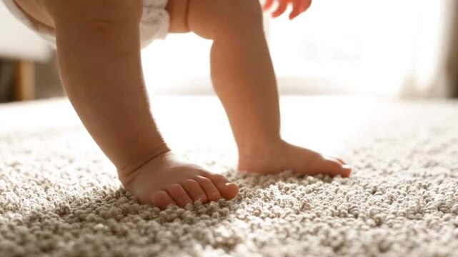 Baby's tiny feet take first steps on soft carpet. little infant learns to walk at home. child barefoot on floor. toddler walking in slow motion close up, movement and development.