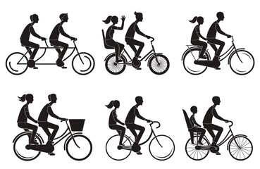 Obraz premium Silhouette Tandem Bicycles and Family Riding Scenes Showing Couples, Parents and Children Cycling Together