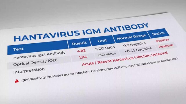 Close-up of hantavirus IgM antibody test results showing acute infection