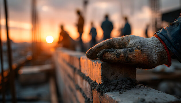 The concept of construction, real estate development, and skilled labor is represented by a gloved hand laying a brick on a construction site wall at sunset, with silhouetted workers in the background