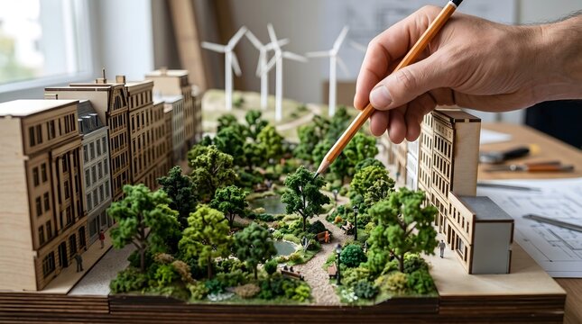 Hand holding pencil over small architectural model of city with green urban park.