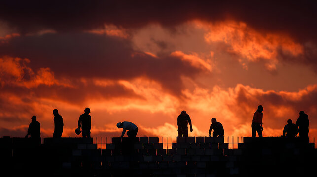 During sunset at a construction site, workers build a brick wall