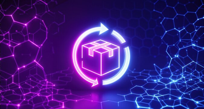 Delivery box with circular arrow icon for shipping and logistics. Style - Abstract bright glowing neon purple blue hexagonal network pattern high tech background. Digital innovation and technology con
