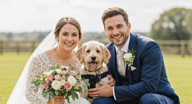Happy wedding couple with dog posing outdoors on sunny day, holding beautiful floral bouquet and wearing elegant attire. Cheerful wedding couple dog celebrates special day with beloved pet