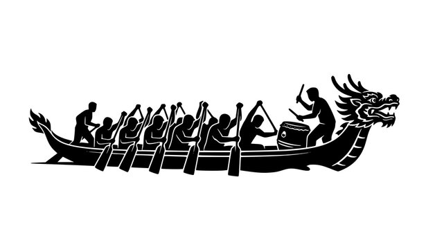 Black dragon boat silhouette with oars and drum vector illustration isolated on white background
